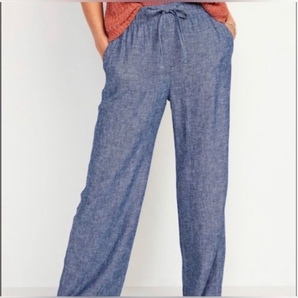 Old Navy wide leg linen blue chambray pants, size small